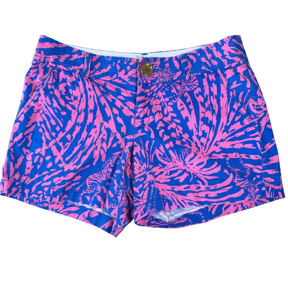 Lilly Pulitzer Callahan Shorts Women's 4 Blue Pink Zebra Palm Corduroy Chino EUC